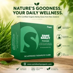This product image displays Sante Barley Powder Without Stevia (30 Sachets), made from 100% Certified Organic Barley Grass grown in New Zealand. With no added stevia, each individually packed sachet provides a convenient way to enjoy the pure, natural taste of premium barley grass wherever you are. No Approved Therapeutic Claims.