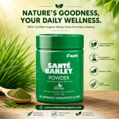 Sante Barley Powder With Stevia Canister featuring Certified Organic Barley Grass from New Zealand with naturally sweetened stevia.