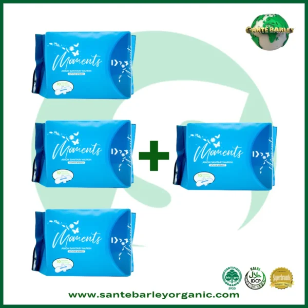 Moments Anion Sanitary Napkin with Far Infrared Buy 3 Get 1 FREE promotional package designed for comfortable daily menstrual protection.