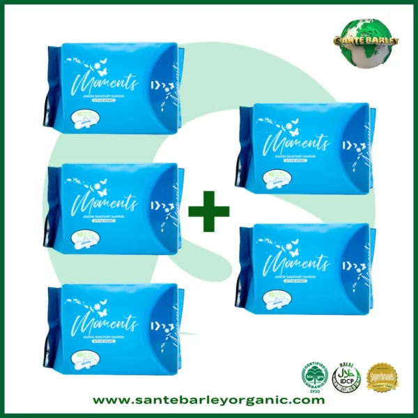 Moments Anion Sanitary Napkin with Far Infrared Buy 3 Get 2 FREE promotional package featuring comfortable daily menstrual protection.
