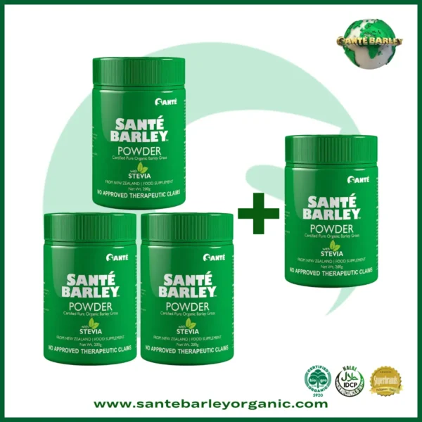 Sante Barley Powder With Stevia Canister Buy 3 Get 1 FREE promotional package made with 100% Certified Organic Barley Grass from New Zealand.