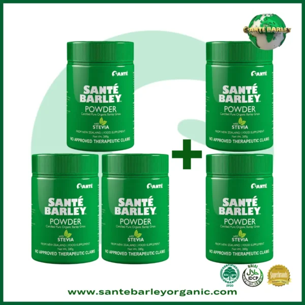 Sante Barley Powder With Stevia Canister Buy 3 Get 2 FREE promotional package featuring 100% Certified Organic Barley Grass from New Zealand.