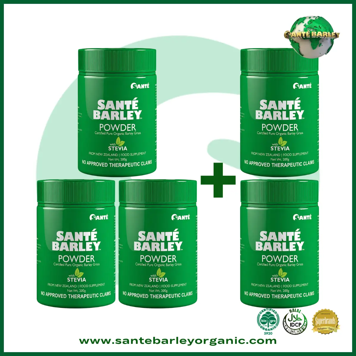 Sante Barley Powder With Stevia Canister Buy 3 Get 2 FREE promotional package featuring 100% Certified Organic Barley Grass from New Zealand.