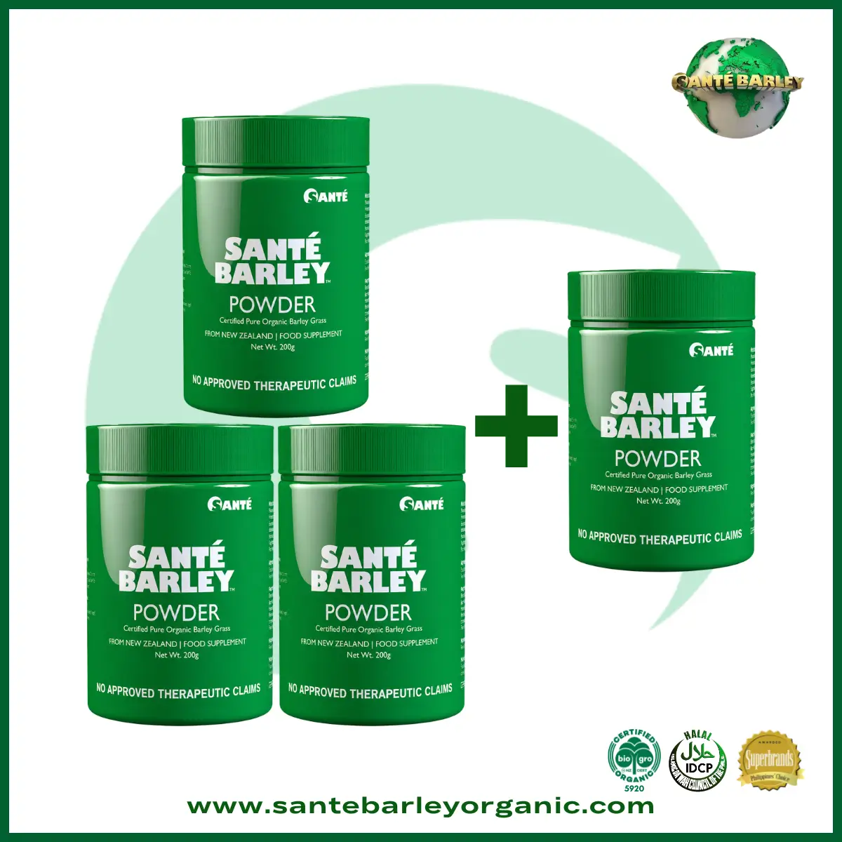 Sante Barley Powder Without Stevia Canister Buy 3 Get 1 FREE promotional package made with 100% Certified Organic Barley Grass from New Zealand for natural daily nutrition.
