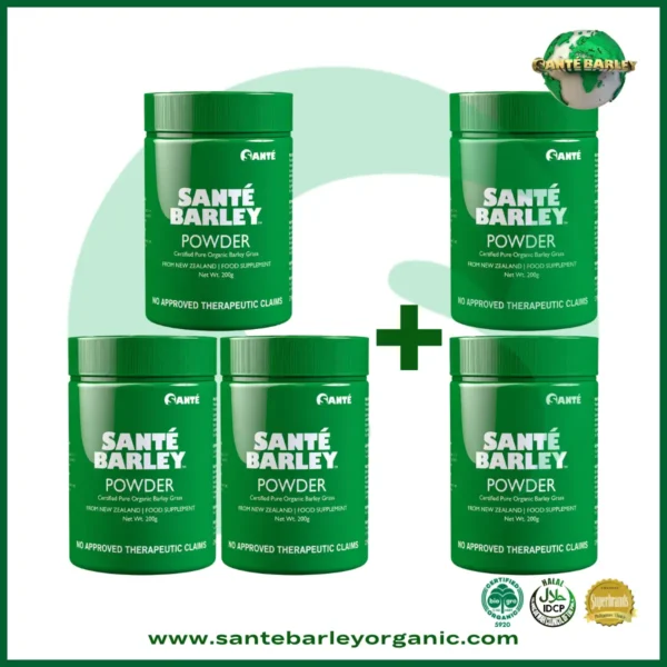 Sante Barley Powder Without Stevia Canister Buy 3 Get 2 FREE promotional package featuring 100% Certified Organic Barley Grass from New Zealand.