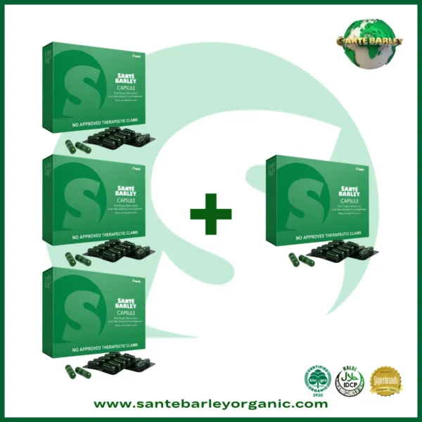 Sante Barley Capsule Buy 3 Get 1 FREE promotional package made with 100% Certified Organic Barley Grass from New Zealand in convenient capsule form.