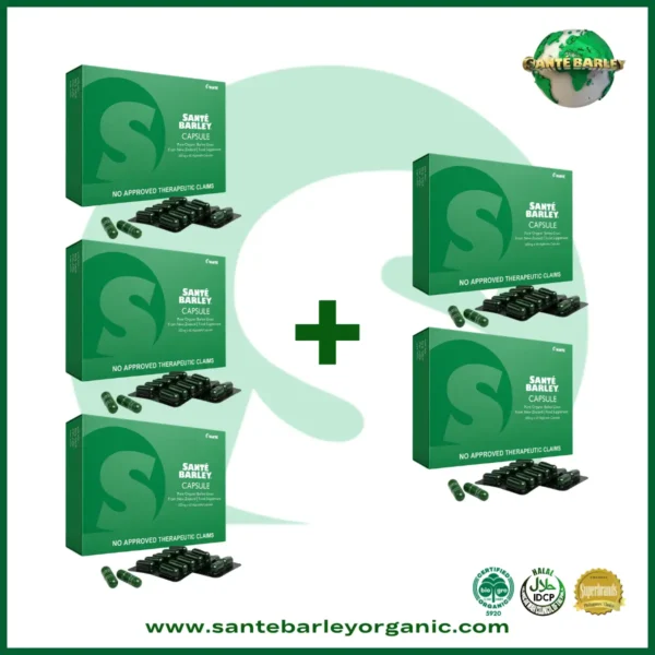 Sante Barley Capsule Buy 3 Get 2 FREE promotional package featuring 100% Certified Organic Barley Grass from New Zealand.