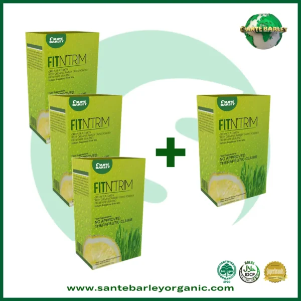 Sante Barley Fit 'n Trim Buy 3 Get 1 FREE promotional package featuring a premium wellness beverage for everyday nutrition.