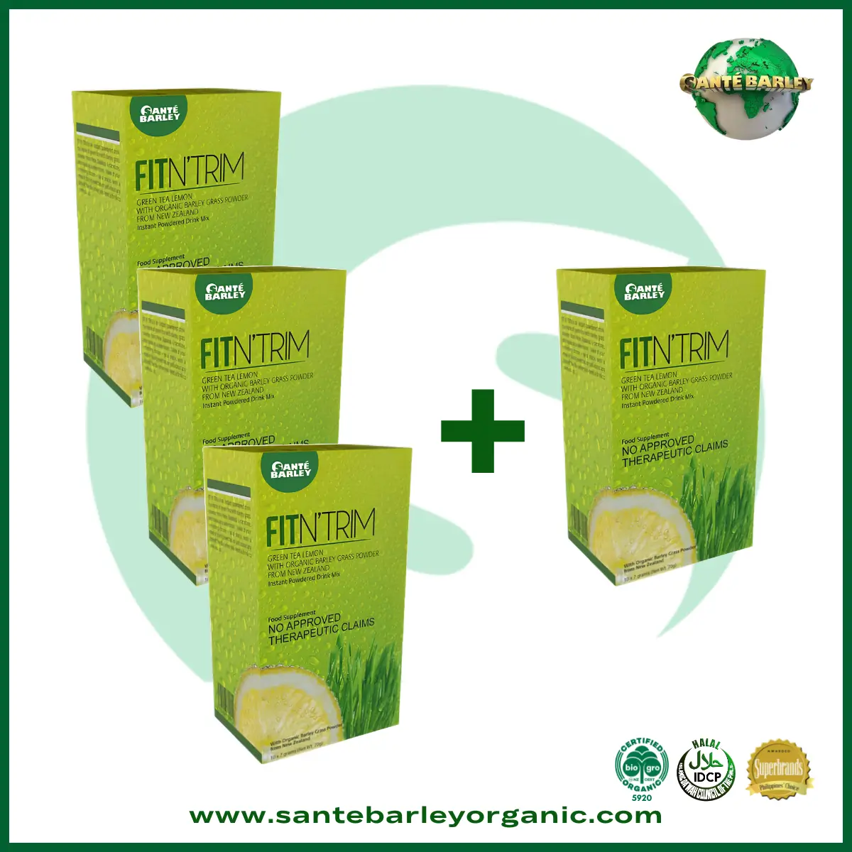 Sante Barley Fit 'n Trim Buy 3 Get 1 FREE promotional package featuring a premium wellness beverage for everyday nutrition.