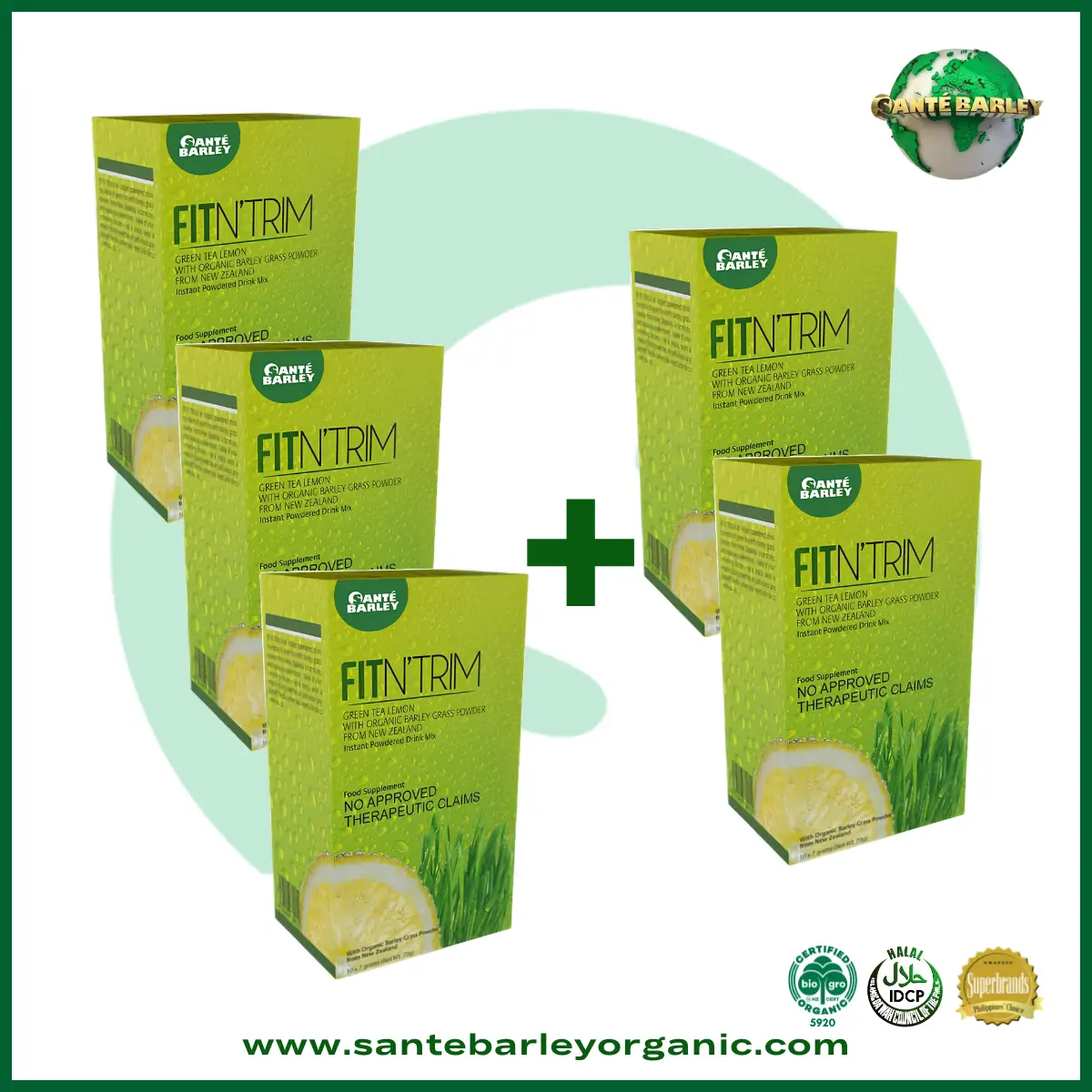 Sante Barley Fit 'n Trim Buy 3 Get 2 FREE promotional package featuring a premium wellness beverage.