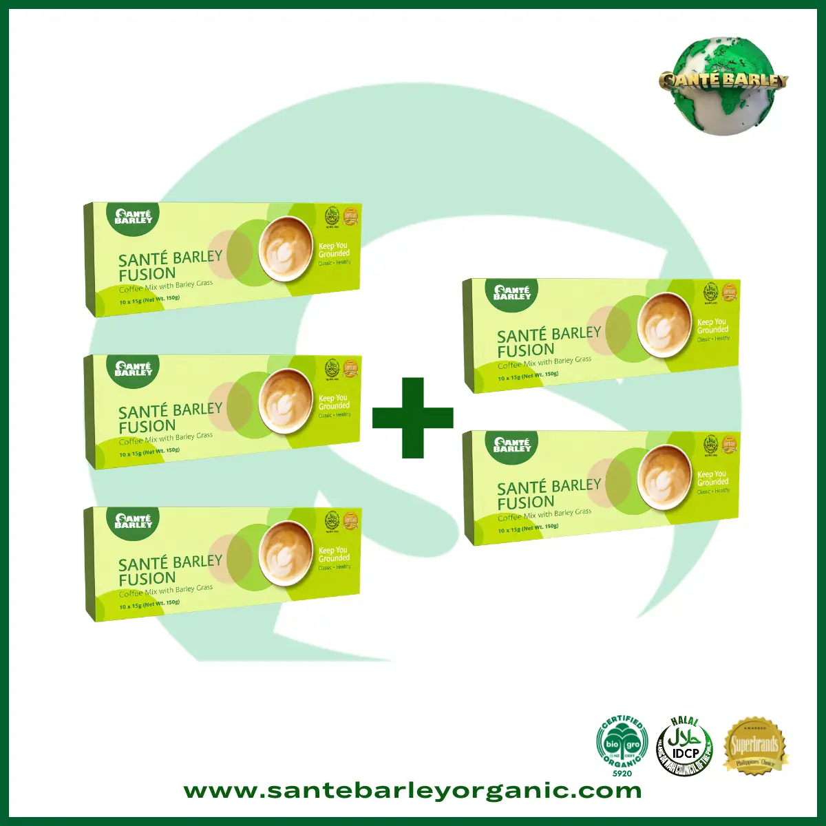 Sante Barley Fusion Coffee Buy 3 Get 2 FREE promotional package featuring premium coffee with Certified Organic Barley Grass from New Zealand.