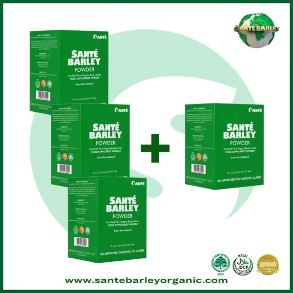 Sante Barley Powder With Stevia 10 Sachets Buy 3 Get 1 FREE promotional package made with 100% Certified Organic Barley Grass from New Zealand.