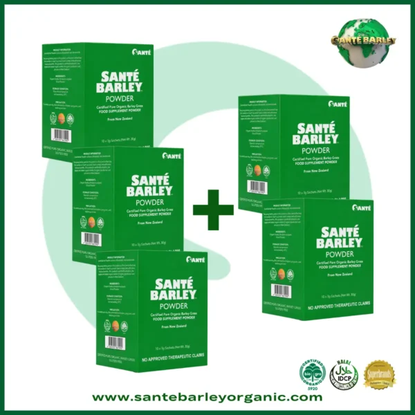 Sante Barley Powder With Stevia 10 Sachets Buy 3 Get 2 FREE promotional package featuring 100% Certified Organic Barley Grass from New Zealand.