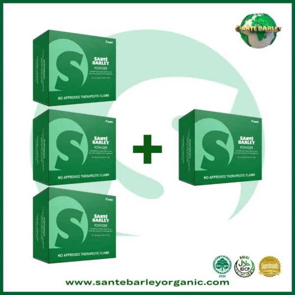 Sante Barley Powder With Stevia 30 Sachets Buy 3 Get 1 FREE promotional package made with 100% Certified Organic Barley Grass from New Zealand.