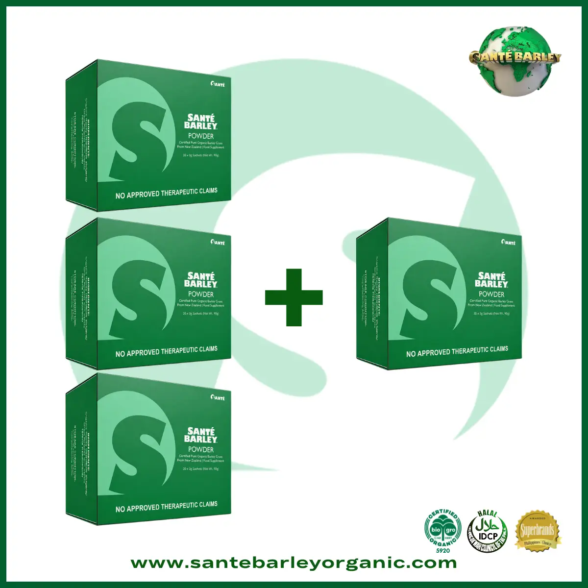 Sante Barley Powder With Stevia 30 Sachets Buy 3 Get 1 FREE promotional package made with 100% Certified Organic Barley Grass from New Zealand.