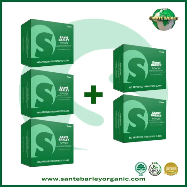 Sante Barley Powder With Stevia 30 Sachets Buy 3 Get 2 FREE promotional package featuring 100% Certified Organic Barley Grass from New Zealand.