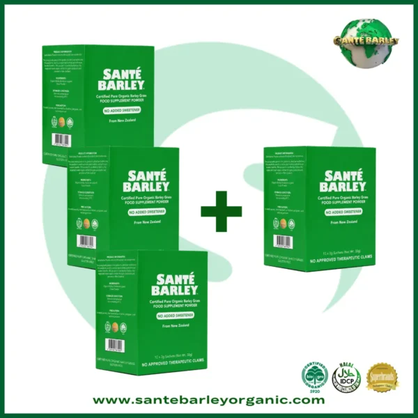 Sante Barley Powder Without Stevia 10 Sachets Buy 3 Get 1 FREE promotional package made with 100% Certified Organic Barley Grass from New Zealand.