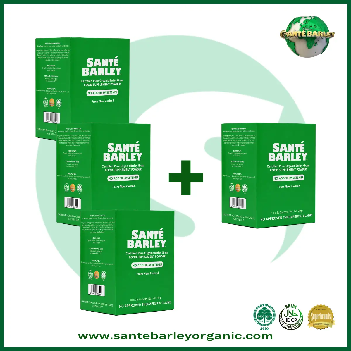 Sante Barley Powder Without Stevia 10 Sachets Buy 3 Get 1 FREE promotional package made with 100% Certified Organic Barley Grass from New Zealand.