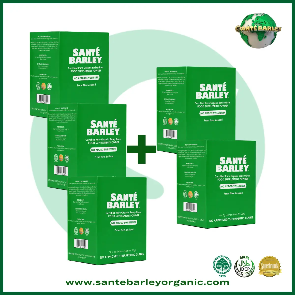 Sante Barley Powder Without Stevia 10 Sachets Buy 3 Get 2 FREE promotional package featuring 100% Certified Organic Barley Grass from New Zealand.