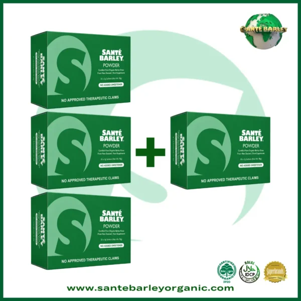 Sante Barley Powder Without Stevia 30 Sachets Buy 3 Get 1 FREE promotional package made with 100% Certified Organic Barley Grass from New Zealand.
