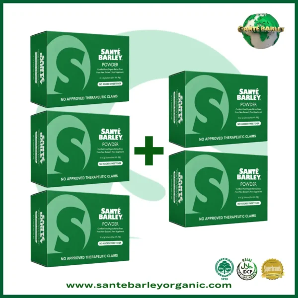 Sante Barley Powder Without Stevia 30 Sachets Buy 3 Get 2 FREE promotional package featuring 100% Certified Organic Barley Grass from New Zealand.