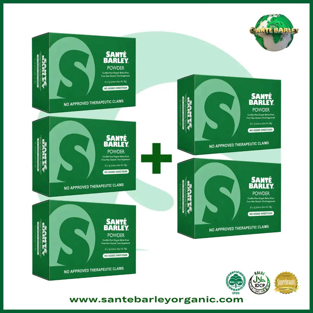 Sante Barley Powder Without Stevia 30 Sachets Buy 3 Get 2 FREE promotional package featuring 100% Certified Organic Barley Grass from New Zealand.