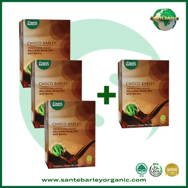 Sante Choco Barley Buy 3 Get 1 FREE promotional package featuring a delicious chocolate drink with Certified Organic Barley Grass from New Zealand.