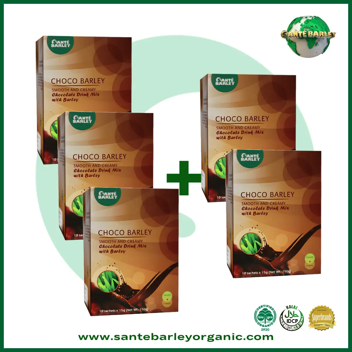 Sante Choco Barley Buy 3 Get 2 FREE promotional package featuring premium chocolate drink with Certified Organic Barley Grass from New Zealand.