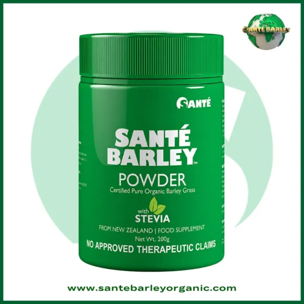 Sante Barley Powder with Stevia Canister made with 100% Certified Organic Barley Grass from New Zealand and naturally sweetened with stevia.