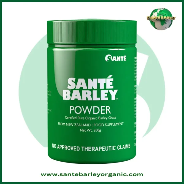 Sante Barley Powder Without Stevia Canister made with 100% Certified Organic Barley Grass from New Zealand for natural daily nutrition.