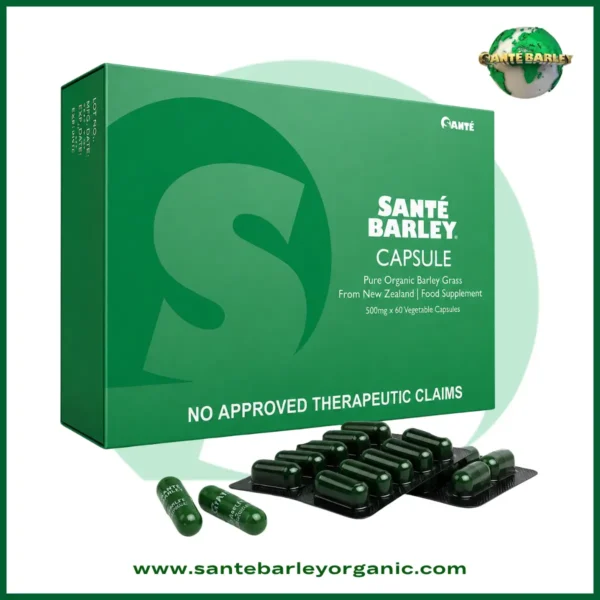 Sante Barley Capsule made with 100% Certified Organic Barley Grass from New Zealand in a convenient capsule format.