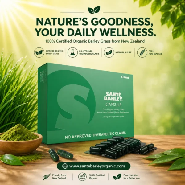 Sante Barley Capsule made with Certified Organic Barley Grass from New Zealand, a natural and convenient daily nutritional supplement.
