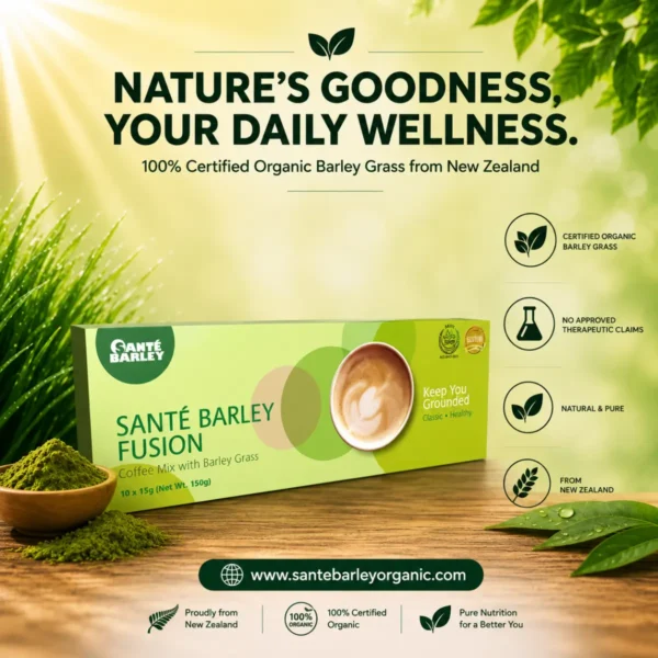 Sante Barley Fusion Coffee blended with Certified Organic Barley Grass from New Zealand for a delicious coffee experience and daily nutrition.