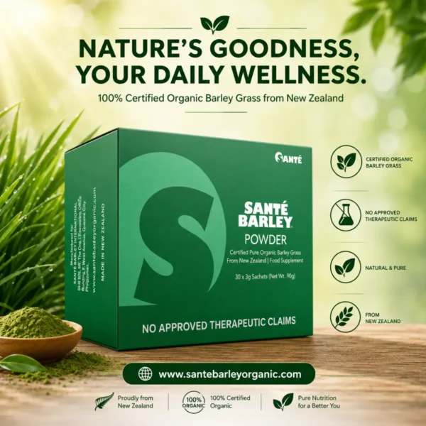 This product image displays Sante Barley Powder Without Stevia (30 Sachets), made from 100% Certified Organic Barley Grass grown in New Zealand. With no added stevia, each individually packed sachet provides a convenient way to enjoy the pure, natural taste of premium barley grass wherever you are. No Approved Therapeutic Claims.