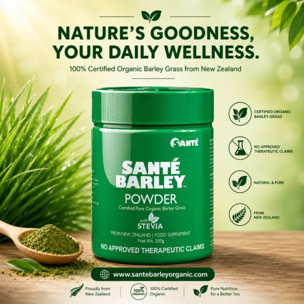 Sante Barley Powder With Stevia Canister featuring Certified Organic Barley Grass from New Zealand with naturally sweetened stevia.