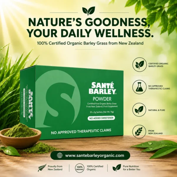 Sante Barley Powder Without Stevia 30 sachets featuring Certified Organic Barley Grass from New Zealand for natural daily nutrition.