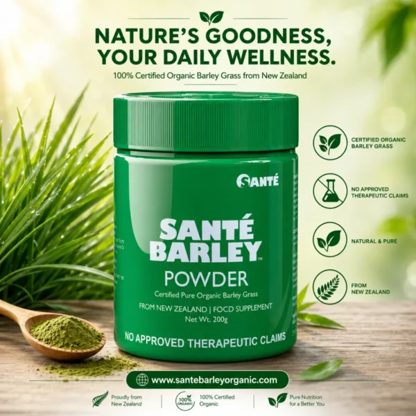 Sante Barley Powder Without Stevia Canister made from Certified Organic Barley Grass grown in New Zealand for pure daily nutrition.