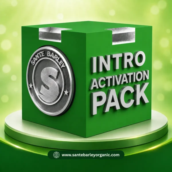 Sante Barley Intro Pack featuring Certified Organic Barley Grass from New Zealand, a natural and pure nutritional supplement for everyday wellness.