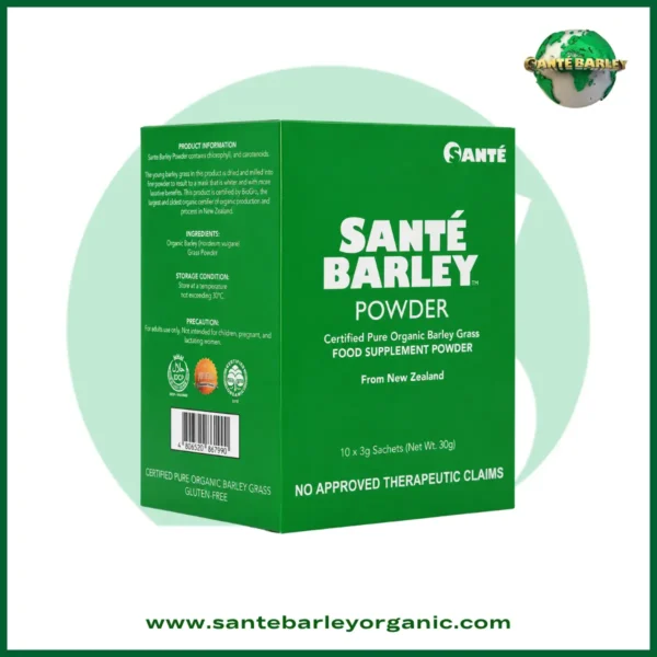 Sante Barley Powder with Stevia 10 Sachets made with 100% Certified Organic Barley Grass from New Zealand and naturally sweetened with stevia.