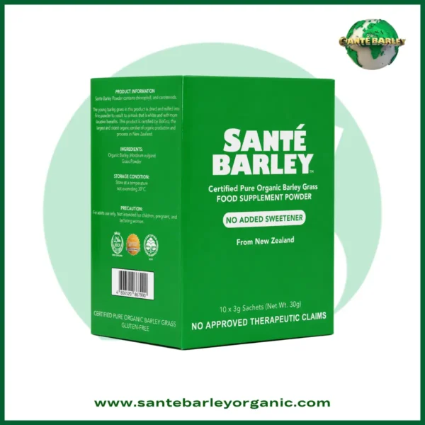 Sante Barley Powder Without Stevia 10 Sachets made with 100% Certified Organic Barley Grass from New Zealand for pure daily nutrition.